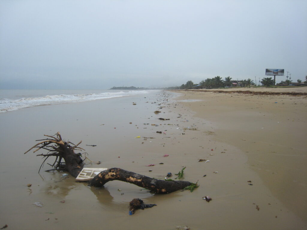 Medical waste on Freetown’s city beach in the rainy season